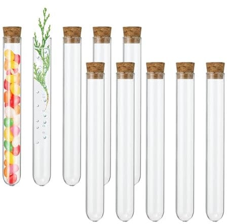10 Stück Reagenzglas, Reagenzgläser mit Korken, Kunststoff Transparent Reagenzglas, für Blumen Gastgeschenk DIY Craft Candy, Labortisch, Heimdekoration (16mm×150mm)