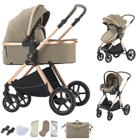 BEBBY Kinderwagen 3 in 1,Kinderwagen Buggy Mit Babyschale,Mit Höhenverstellbarer buggy Komplettset Faltbare tragbare,Buggys Mit Aluminiumrahmen für Neugeborene 0 bis 3 Jahre (D2-LIGHT BROWN-6, H2-D)