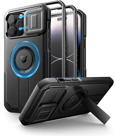 Dexnor for iPhone 14 Pro Max Magnetic Case With Slide Camera Cover & Adjustable Kickstand & Built-in Screen Protector, Rugged Shockproof Bumper Cases Heavy-duty Cover - Night Black