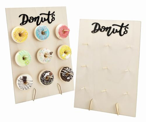 INCNMAD Donut Ständer aus Holz Donutständer 2 Stück 9 Löcher Donuts Stander Wand Donut Board für Hochzeit Geburtstagsfeier Süßigkeitenwagen Party, 30x40 cm Schwarze Buchstaben
