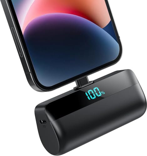 Mini Power Bank 5200mAh for iPhone,[2025 Upgraded] PD 20W Fast Charging Portable Charger,Small LCD Display Battery External Pack Compatible with 14/14 Plus Pro Max /13/13 Pro Max/12/11/XR/X/8/7-Black