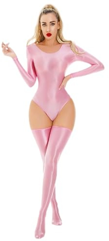 THSCWY Frauen Gloss Oily Bodysuit Solid Color Unitard High Cut Jumpsuit Einteiliger Anzug für Yoga Fitness Schwimmen