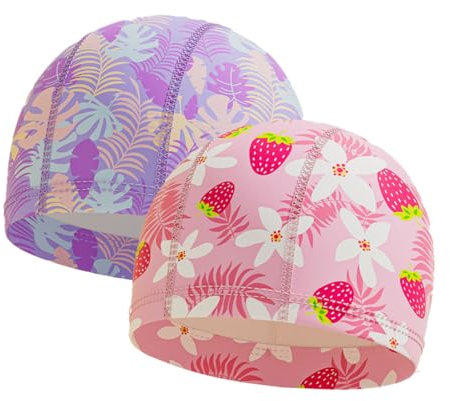 KEQAR Cuffia Piscina per Bambino, 3D Elastica e Comoda, con Capelli Lunghi, per Ragazzi e Ragazze dai 5 ai 12 Anni, in Tessuto Floreale, 100% in Silicone, Qualità Superiore