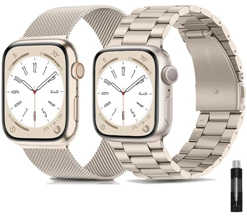baklon 2-Pack Stainless Steel Strap Compatible with Apple Watch Strap 42mm(Series 3/2/1) 44mm 45mm 49mm 46mm, Compatible with iWatch Series Ultra/Ultra2/SE2/SE/10 9 8 7 6 5 4 3 2 1, Starlight