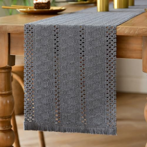 Tischläufer Makramee mit Quasten Grau Table Runner 30 x 140 cm Boho Baumwolle Leinen Tischdecke Vintage Style Abwaschbare Tischdekoration für Hochzeit Küche Bauernhaus Häkelspitze Rustikal