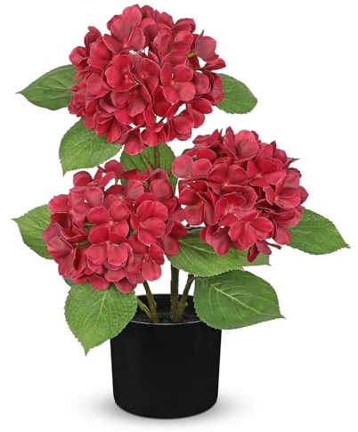 Hollyone Künstliche Hortensie im Topf, Rot Hortensien Kunstblumen Deko Blume mit Topf Seidenblume für Haus Bad Büro Tisch Dekoration