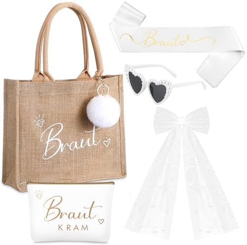 Gulfmew 6 Stück JGA Accessoires Frauen Braut Jute Tragetasche Braut Tasche Weiße JGA Schleier Bride to Be Schärpe Herz Brille Brautaccessoires für Junggesellenabschied Frauen Hochzeit Brautparty