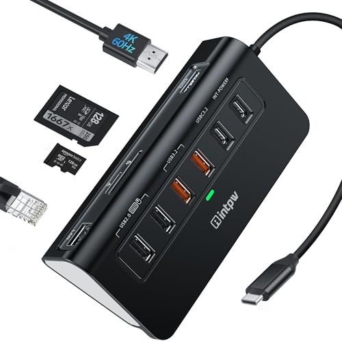 Intpw USB C Hub, 10-in-1 USB C Docking Station mit 1Gbps Ethernet,1M Kabel， 4K@60Hz HDMI, 10Gbps 2 Type-A/C 3.2, 2 Type-A 2.0, PD 100W, SD/TF, Aluminium USB HUB für Windows/MacBook