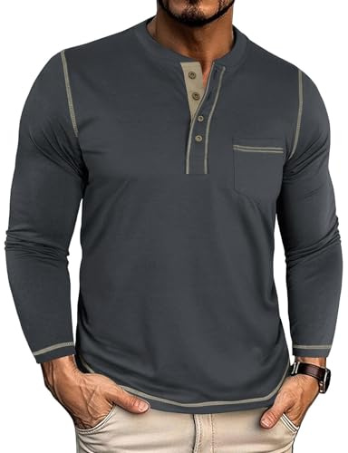 YawYews Langarmshirt Herren Longsleeve Tshirt Henley Shirt Langarm Baumwolle Männer Longshirt mit Tasche M-3XL