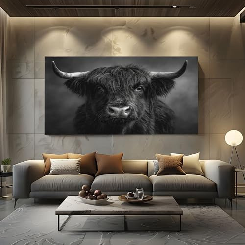ZORYAN Tier Hochlandrind Leinwandbilder Wandbilder für Wohnzimmer und | Schlafzimmer 80x160cm Rahmenlos Bauernhaus Kuh Kunstdruck auf Leinwand Rustikaler Stier Wanddeko und Dekor Canvas