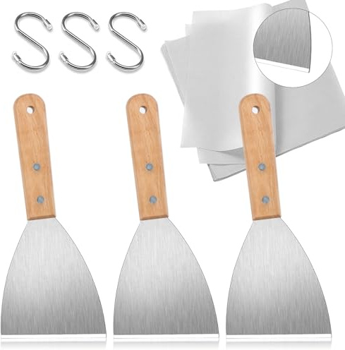 3pcs Burger Griddle Spatula Set,Metal Spatulas for Cooking,Griddle Scraper,Stainless Steel Grill Spatula Set with Wood Handle,Wide Hamburger Spatulas Barbecue Turners, + 3 S Hooks & 20 Burger Sheets