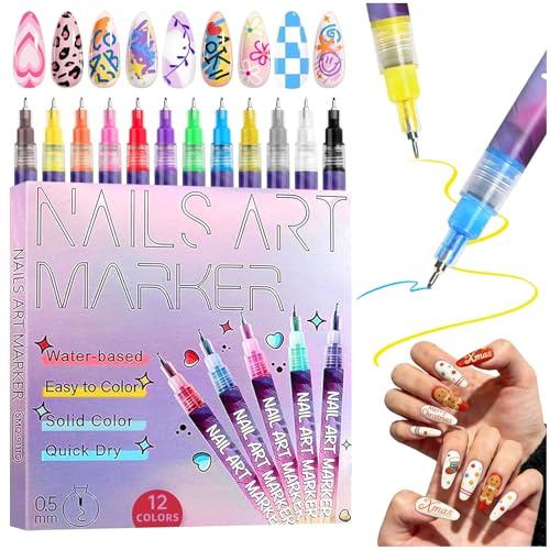 CHANCCI 12 Colors Nail Art Pens Set, DIY Quick Dry Graffiti Dotting Point Liner Pens, Upgrade Nail Art Pens for Gel Nails, 3D Nail Polish Pens for Painting, DIY Nails Art Drawing Tool（1 set）