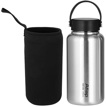 ATiAP Wide Mouth Stainless Steel Water Bottle, 1050ml (35oz) Single Wall Metal Canteen, Leak-Proof Large Capacity Flask for Hiking, Camping, Backpacking and Outdoor Survival, 7.9 x 3.6 inches