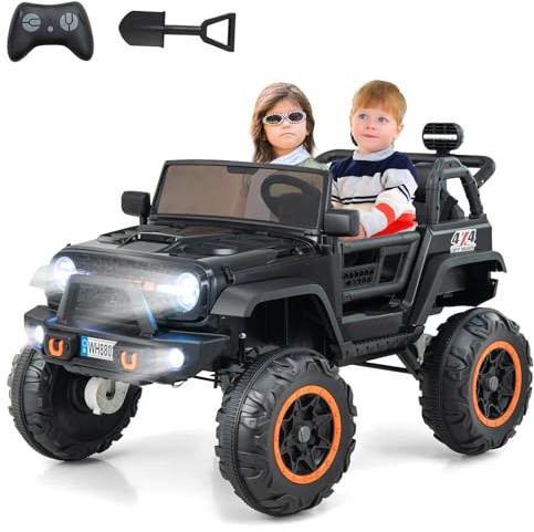 COSTWAY 2-Sitzer Elektroauto für Kinder, 24V Elektrisches Kinderauto mit Fernbedienung & Schaufel, Elektrofahrzeug mit Musik & Geschichten & USB & Hupe, für Kinder ab 3 Jahren (Schwarz)