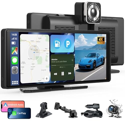 2026 Neuestes 10,26 CarPlay Display für Apple CarPlay & Android Auto | Tragbares CarPlay Display mit 4K-Dashcam & 1080P Rückfahrkamera, unterstützt Sprachsteuerung IPS Touchscreen Dual WIfi 64GB