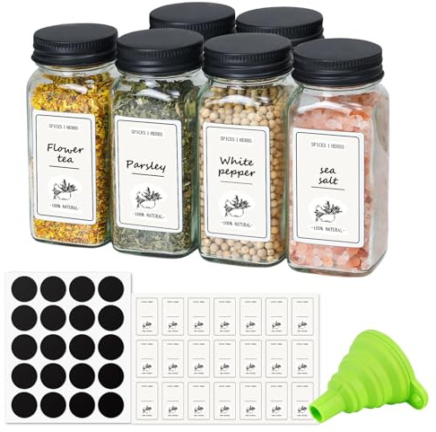 6 Pcs 120ml Square Glass Spice Jars, Spice Jars with Shaker Lids and Labels | Spice Containers, Seasoning Jars, Herb Jars, Glass Storage Bottle, Seasoning Storage Organiser for Spice Rack, Cabinet