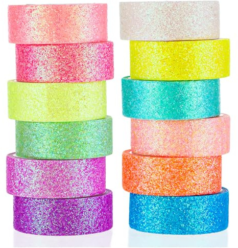 JJUNW Glitzer Washi Tape Set, 12 Bunte Glitzernde Bänder für Basteln | Glitzernde Folie Masking Tape DIY Papier Dekorative Washi Tape für DIY Handwerk Bullet Journals Planer Scrapbook Verpackungen