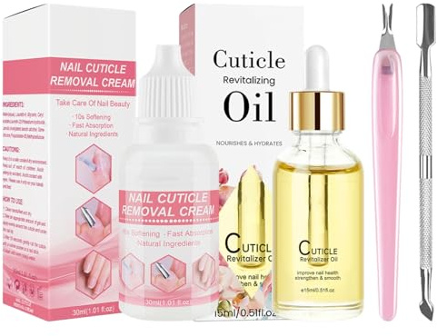 4 Pcs Cuticle Remover Liquid and Nail Cuticle Oil Pusher & Dead Skin Fork Kit,Nourishes Softener Promotes Nail Growth and Strength