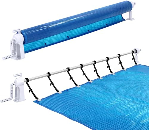 TATIVALO Enrollador de piscina ajustable de 1,05 a 6,15 m, enrollador para cubrir piscinas y lonas solares, sistema de enrollado móvil con cintas de fijación, cubierta de piscina de aluminio