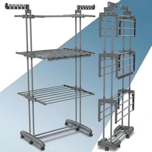 PORTENTUM Wäscheständer Turm klappbar mit 4 Ebenen und 24 Trockenstangen – Bis 40 kg – Wäschetrockner Ständer mit 2 Sockenhaltern – Für Innen- und Außenbereich – Rollen mit Feststellbremse