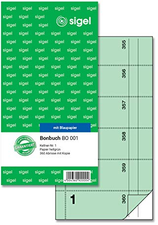 SIGEL BO001 Bonbuch Bonblock, 360 Abrisse, Kellner-Nr. 1, hellgrün, 10,5 x 20 cm, 2x60 Blatt