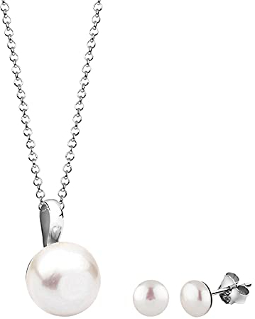 Nenalina Damen Schmuckset mit Perlen (6 mm), Halskette mit Anhänger und Ohrstecker aus Süßwasserperlen, Damen Kette und Ohrring Set für Frauen, Brautschmuck, 925 Sterling Silber, Länge 45cm