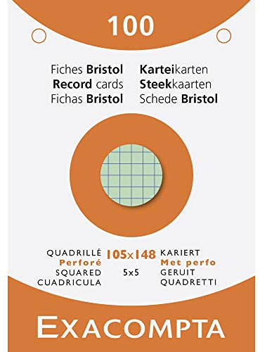 Exacompta - Réf. 13659E - Étui de 100 fiches bristol quadrillées 5x5 perforées - format 105 x 148 mm - compatibles avec imprimante jet d'encre, laser et photocopieur - couleurs assorties