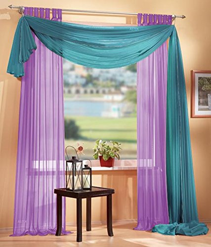 Gardinen Set, 2 x Schlaufenschal Voile, transparent, 245x140, Flieder, 1 x Voile Querbehang, Freihanddeko, 140x600, Türkis, 61000560