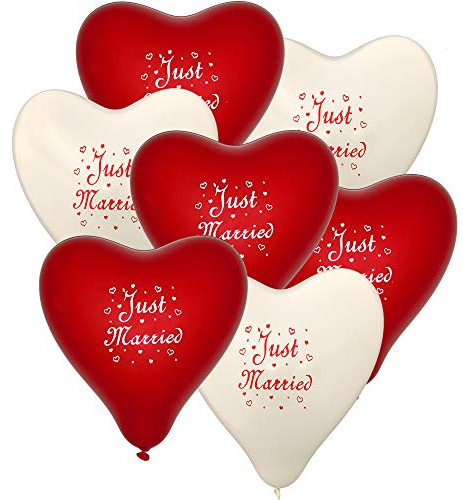 doriantrade 10 Herz-Luftballons Ø 30 cm mit MotivJust Married, Farbauswahl, Herz-Luftballons, Helium-Ballon, Rot/Weiß