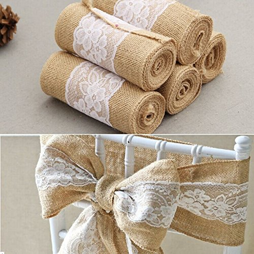 Yulakes 2 Stück Natürliche Jute Rustic Burlap Spitze Hessischen Tischläufer Tischband Stuhl Schärpe Band für Hochzeit Festival-Ereignis Tischdekoration 15*240cm