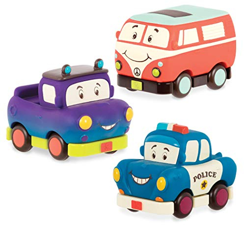 B. toys Weiche Spielzeug Autos zum Zurückziehen und Loslassen – Polizeiauto, Camper, Truck – Motorikspielzeug für Kinder ab 1 Jahr (3 Stück)
