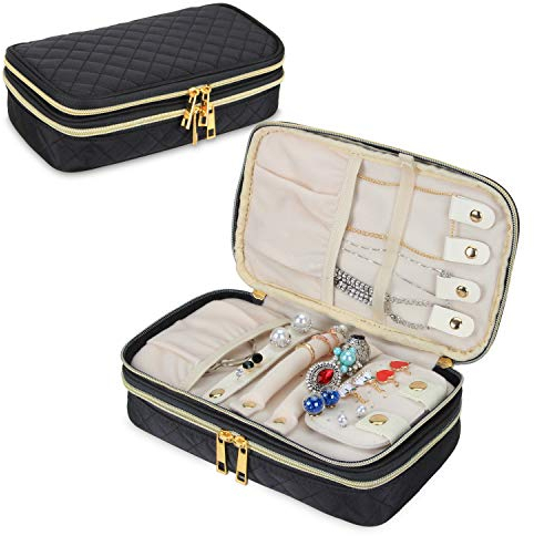 Teamoy Étui à Bijoux de Voyage, Pochette Bijoux Voyage matelassé à Double Couche avec Compartiments, Porte-Collier et Panneau de Boucles d'oreilles, Noir