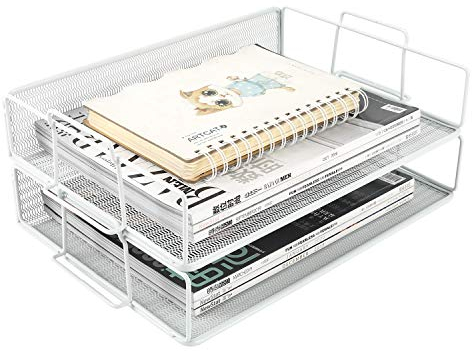 EasyPAG 2 Tier A4 Mesh in Trays Stackable Office Desk Tidy File Holder Magazine Storage Paper Organiser,White