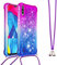 Handykette Handyhülle für Samsung Galaxy A50 Hülle,Glitzer Quicksand kreatives Fließende Flüssigkeit schwimmt Silikon Case mit Umhängeband Handykordel Band Kette für Galaxy A50,YB GS Purple Blue