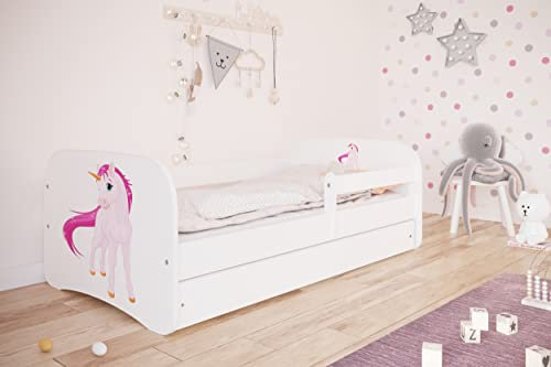 Bjird Kinderbett Jugendbett 70x140 80x160 80x180 cm Weiß mit Rausfallschutz Schublade und Lattenrost Kinderbetten für Mädchen und Junge - Einhorn 140 cm
