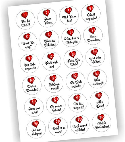 24 Aufkleber Adventskalender Zahlen Fest Weihnachten Aufkleber Sticker DIY Weiß mit rotem Herz und Sprüche