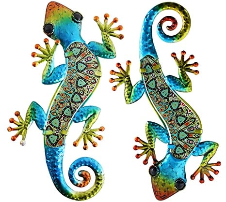 HONGLAND Metall-Gecko-Wanddekoration, Eidechse, Gartenkunst, farbige Glas-Skulptur zum Aufhängen, für Innen- und Außenbereich, Terrasse, Zaun (Symphonie), 2 Stück