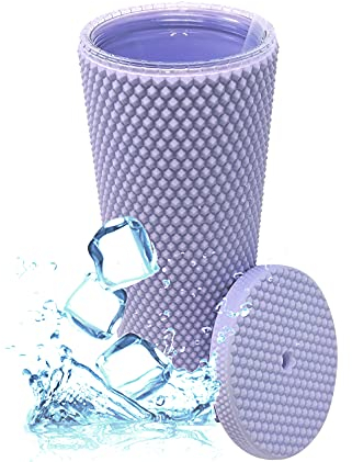 Kunststoffbecher mit Nieten – Doppelwandiger Kaltbecher aus Kunststoff mit Deckel und wiederverwendbarem Strohhalm für Eiskaffee, Wasser, Slush oder Smoothies, Ihr Heimkinobecher, matt Lila, 700 ml