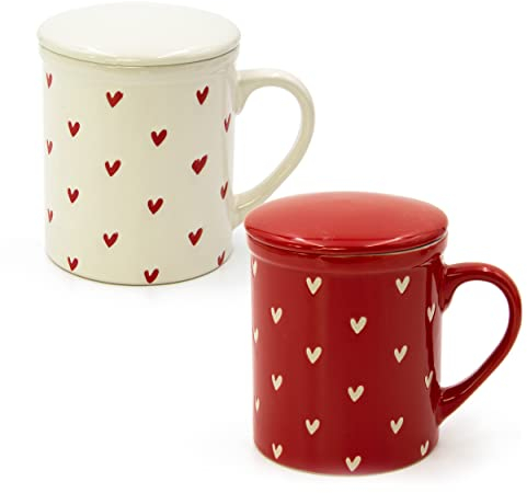 Blümelhuber Tassen Set aus Porzellan mit Herzdekor - 2er Set bunte Tasse mit Herzen mit Deckel und Sieb - 340ml Fassungsvermögen