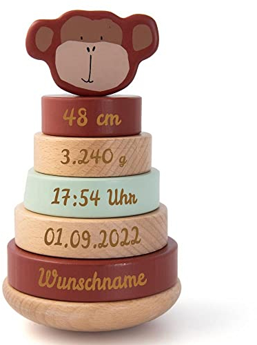 Personalisierter Stapelturm aus Holz von Trixie mit Namen und Geburtsdaten graviert Geburtsgeschenk AFFE