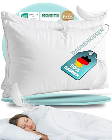 BEFA NATUR Made in Germany Daunenkissen 40x80 cm aus 90% Daunen und 10% Federn, Allergiker geeignet (Nomite), Öko-Text 100 Klasse 1 Zertifiziert, EN Standart 12934, Downpass (2 Stück)
