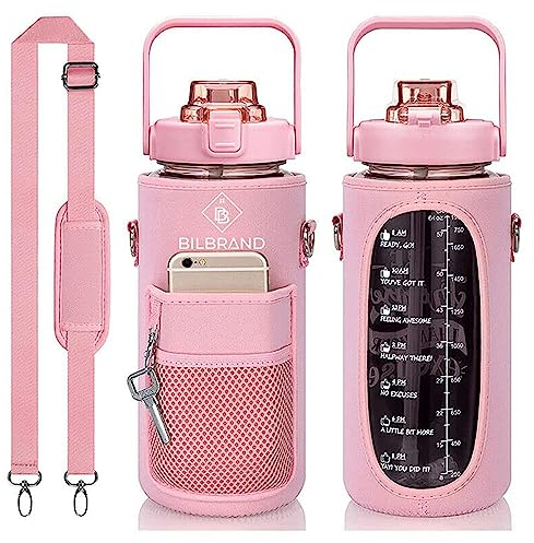 Bilbrand BPA Free Water Bottle - Water Bottle - 2000 ml, 2 L - Leak-Proof, for Leisure & Sports - Includes Bottle Holder with Adjustable Shoulder Strap (BB-03_Rosa)
