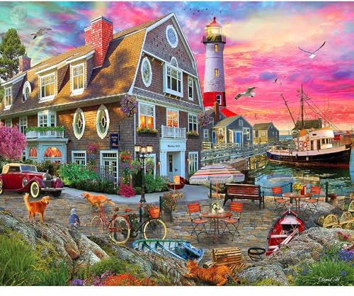 White Mountain 1000 Piece Jigsaw Puzzle Seaside Coastal, Harbor Inn | Large Pieces, Gift for Adults and Family, 24x30 in, Lighthouse Views