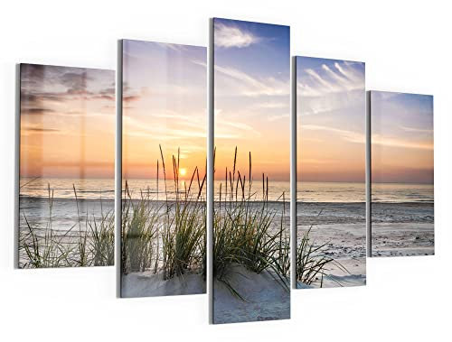 DEQORI Glasbilder Echtglas | Motiv Sonnenuntergang am Strand | horizontal 5-teilig 150x100 cm | große XXL Deko | Wandbilder für Wohnzimmer, Schlafzimmer, Flur & Küche | moderne Wanddeko