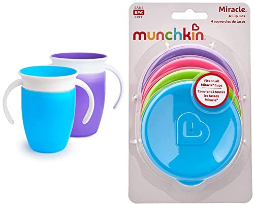 Munchkin Miracle 360 Vaso Aprendizaje Bebe Antiderrames, Azul/Morado, 207 ml, 2 Paquetes & Miracle Cup Lids, Fit All Miracle Cup Styles, Multicoloured, Pack of 4
