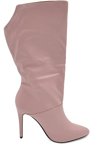 Stivali Tronchetti Donna Alti in Ecopelle Rosa al Polpaccio a Punta Liscio con Zip Modello Over Tacco Spillo 10cm (40 EU)