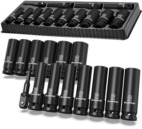 OTLOOMTBT Juego de 14 llaves de vaso de impacto de 1/2 pulgada superresistentes y duraderas, bien hechas, de grado industrial, más gruesas, con adaptador de enchufe de taladro de 1/2 unidad, supera el