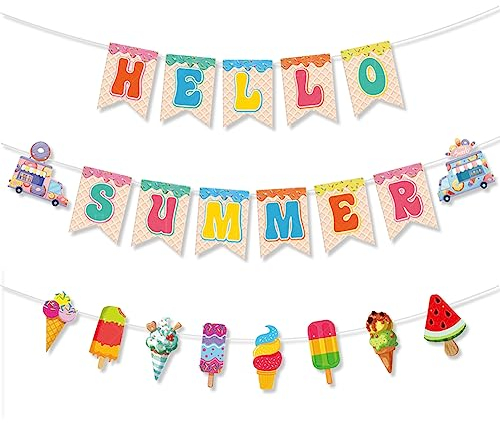Hello Summer Banner, 3 Stück Hawaii-Party-Wimpelkette, Eiscreme, bunte Wimpelkette für Sommer, Luau, Strand, Cocktail, Pool, tropisches Thema, Garten, Geburtstag, Party-Dekorationen