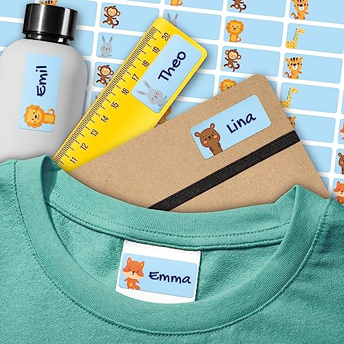 Namensaufkleber für Kinder (108 Stk. 30x13 mm) - Wasserfeste Namensschilder für Kleidung, Textilien und Gegenstände - Optimal für Kita, Kindergarten und Schule - Schöne Motive personalisierbar