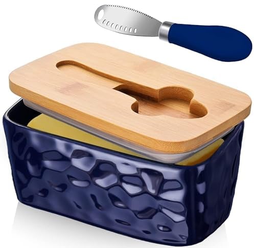 Beurier avec Couvercle et Couteau à Beurre, Beurrier en Verre en Porcelaine, Boite Beurre, Boite à Fromage pour Frigo Anti Odeur, Beurrier Ceramique pour Beurrier 250g (Bleu)